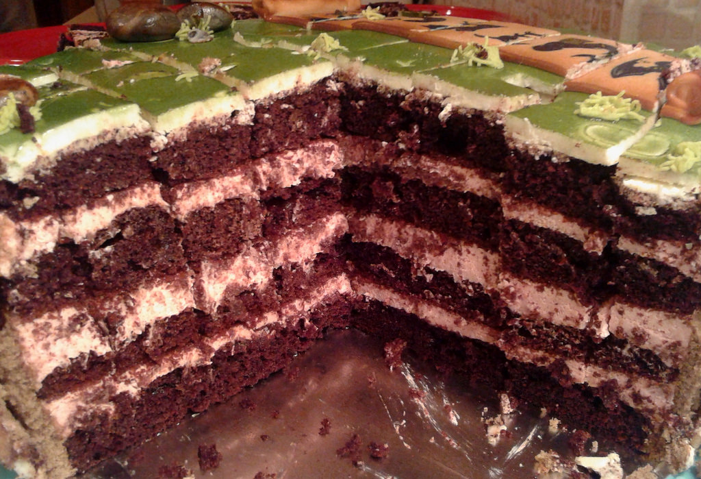 chocolate cake, raspberry mousse with mascarpone and raspberry pieces