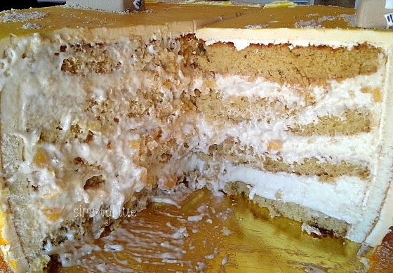 vanilla cake, peach mousse with mascarpone and fruit pieces